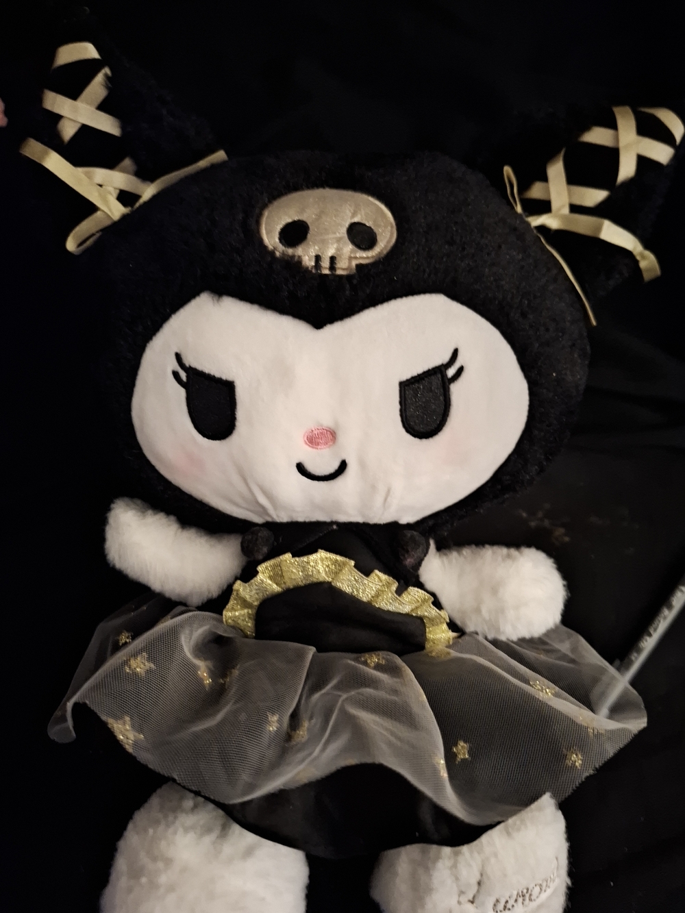 Sanrio Kuromi Black & White Plush Stuffed Animal with Gold Tutu Skirt